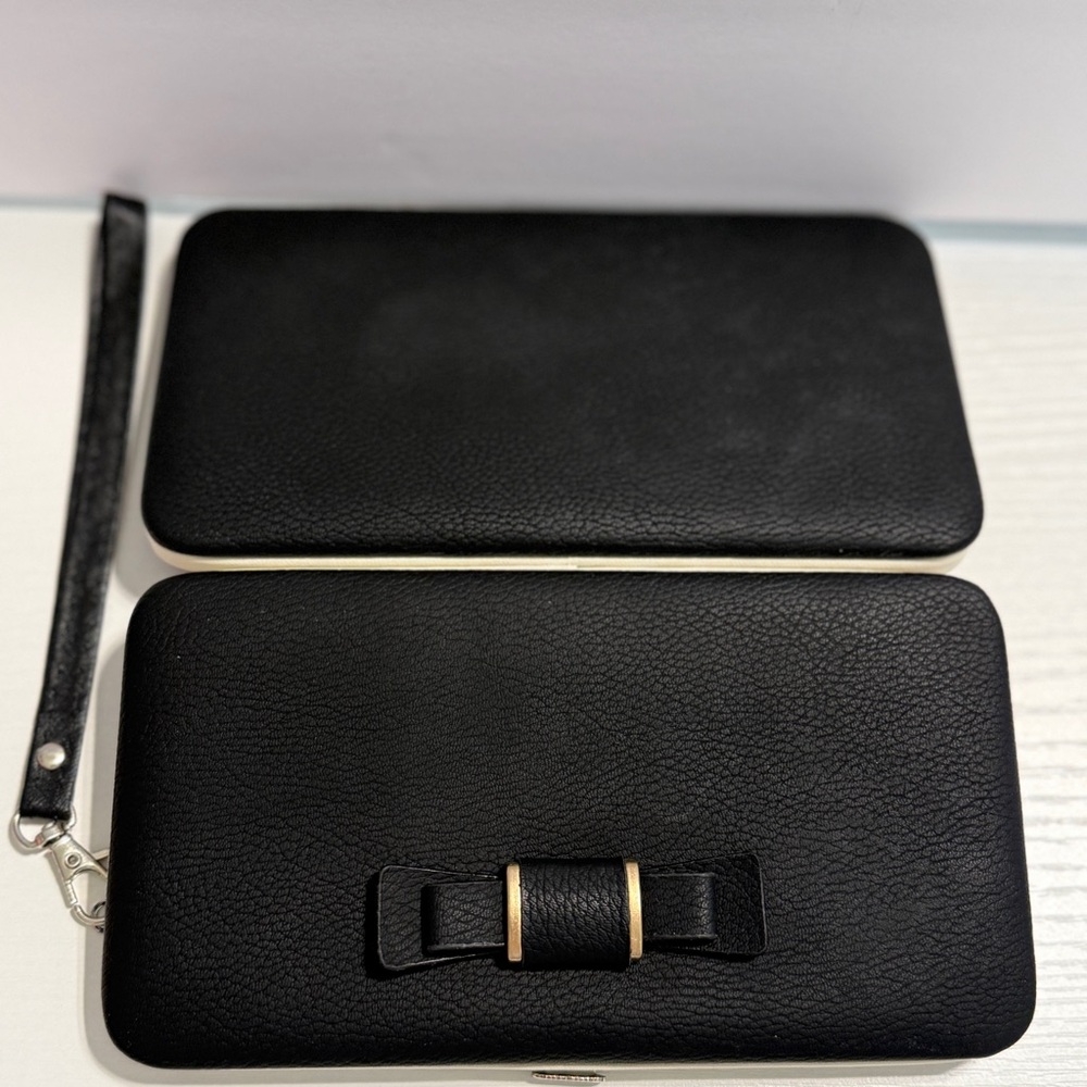 🆕 Elegant Black Faux Leather Clutch Wallet with Bow Accent & Wrist Strap 7” x 4”